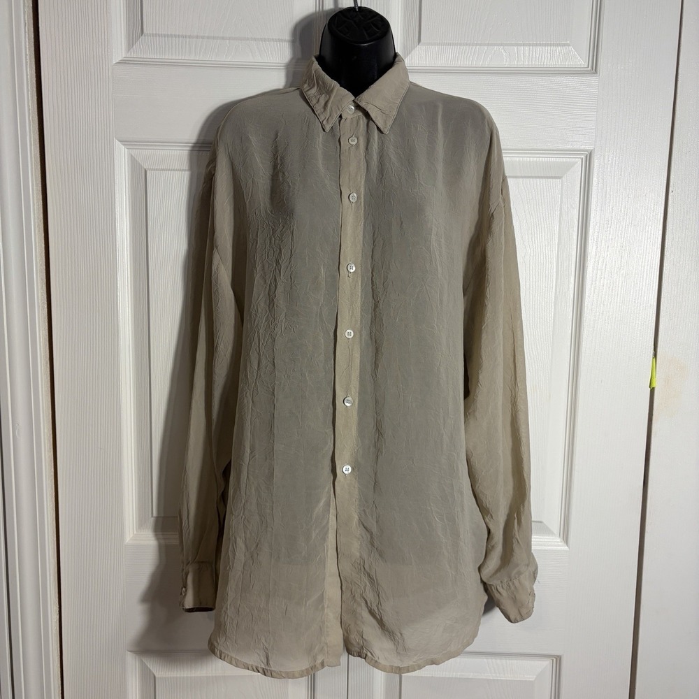 Vintage Guess Collection Shirt Women S Beige Sheer Crinkle 90s Button Up Blouse